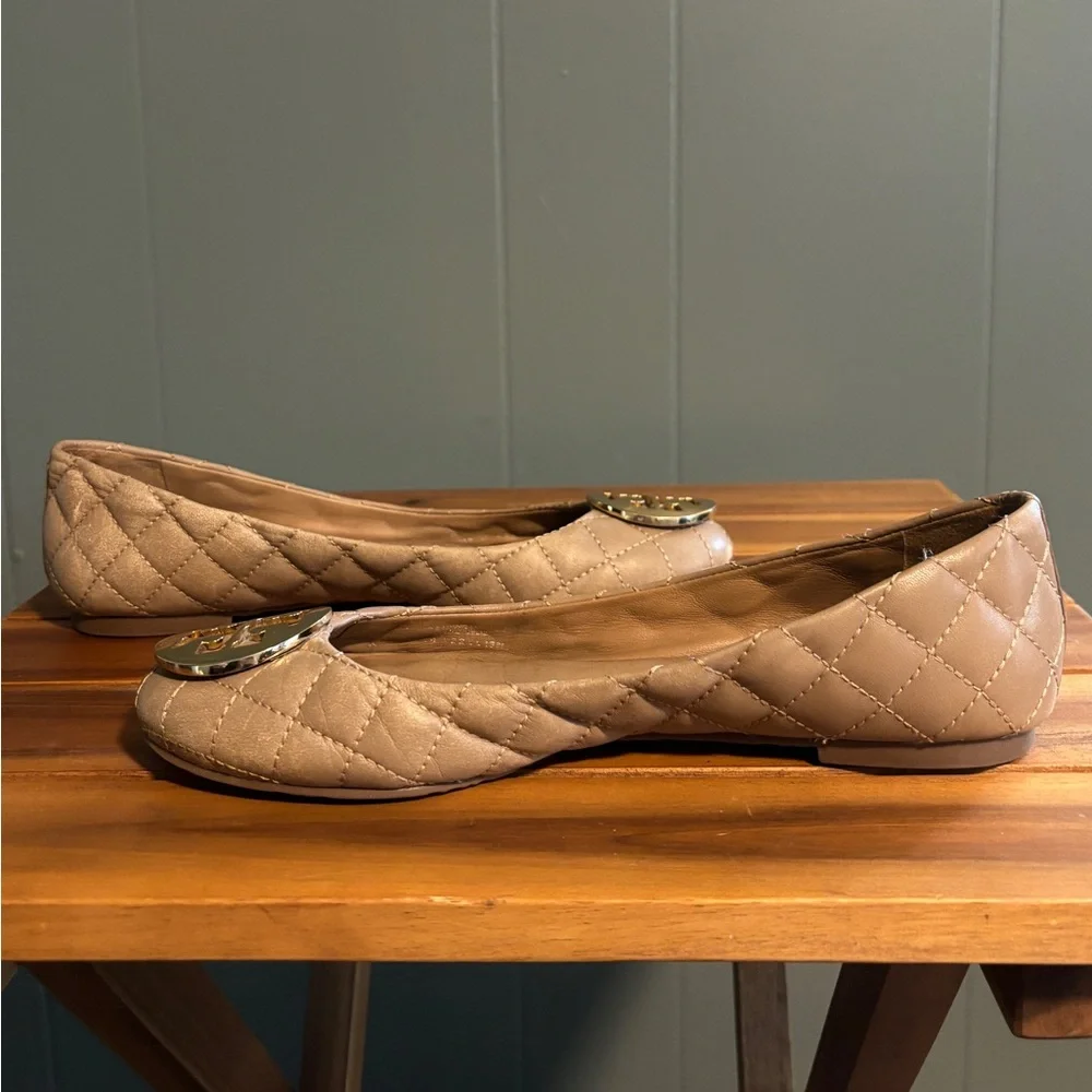 Tory Burch Quilted Taupe Leather Flats with Gold Logo Medallions